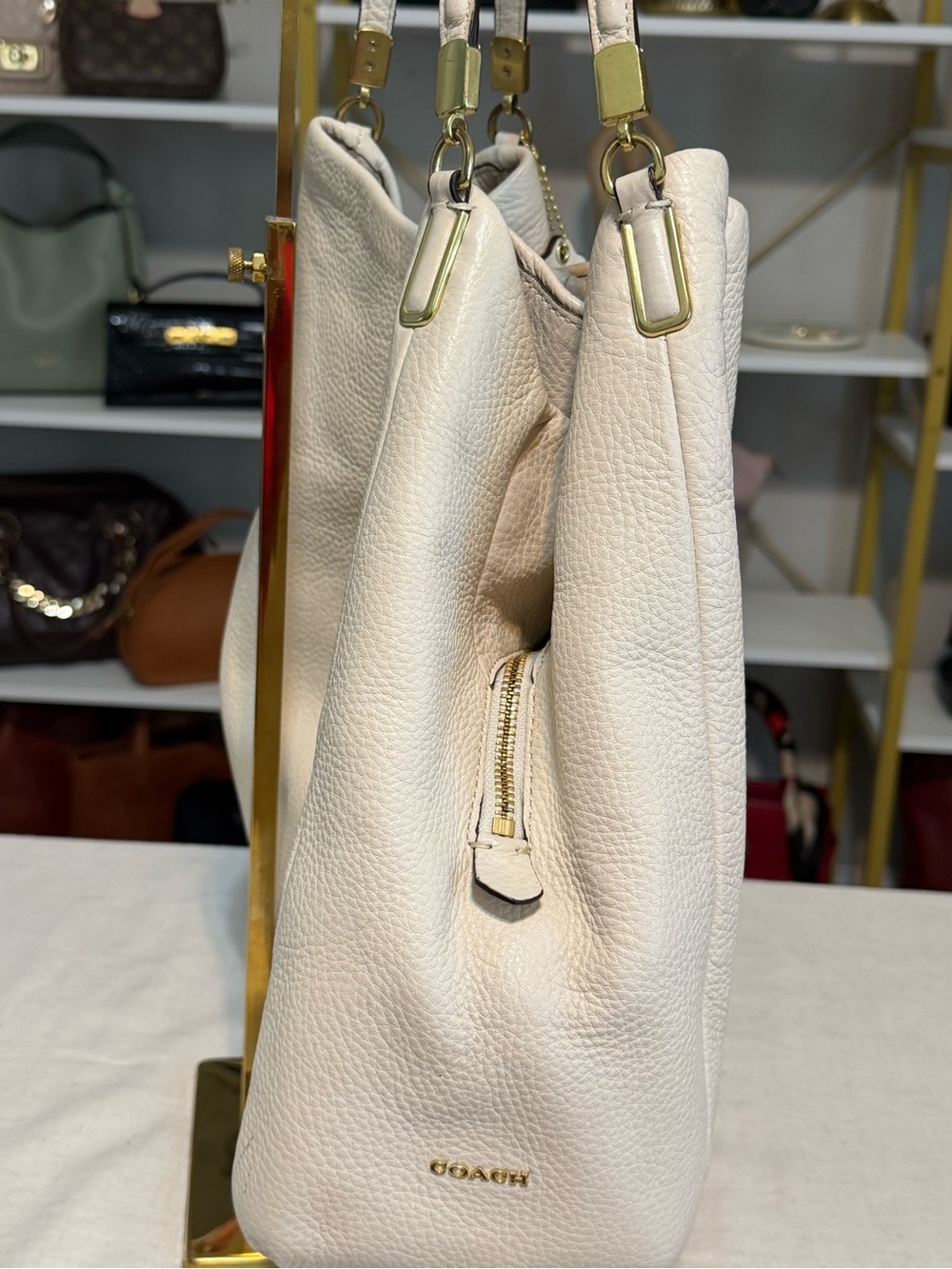 Coach Madison Elegant Cream Leather Shoulder Bag with Scarf Accent - Picture 15 of 16